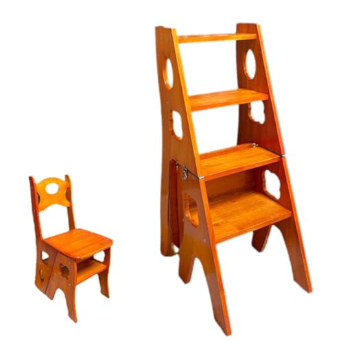 ZHXQRP 4 Tier Folding Step Ladder 3-in-1 Wooden Chair Portable Multi-Function Step Stool 265 lbs Capacity Display Flower Rack for Library Home Kitchen(Walnut) von ZHXQRP