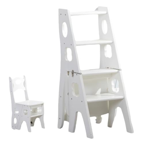 ZHXQRP 4 Tier Folding Step Ladder 3-in-1 Wooden Chair Portable Multi-Function Step Stool 265 lbs Capacity Display Flower Rack for Library Home Kitchen(White) von ZHXQRP