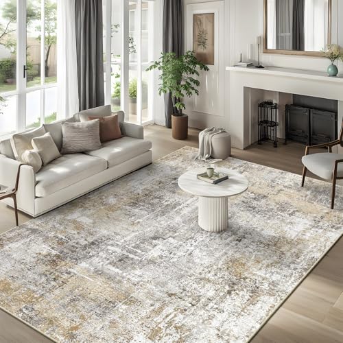 Waschbarer Teppich, modern, abstrakt, neutral, großer Teppich für Wohnzimmer, Schlafzimmer, Esszimmer, Büro, rutschfest, weich, niedriger Flor, dünner Innenteppich (Goldgrau) von ZHXXUJ