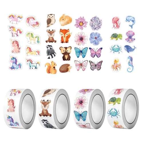 2000 Blatt 4 Bände AnimalSticker,Selbstklebende Sticker Tiere,Runde Tier Aufkleber,Schmetterling Aufkleber Roll,Meerestiere Aufkleber Kinder,Aufkleber Tiere,Meerestiere Sticker Set von ZHYUAN