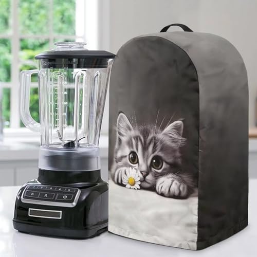 ZIATUBLES Staubschutz für Mixer, mit Griff, graues Gänseblümchen-Blumenmuster, Katzendruck, spritzwasserfest, für Küchengeräte, staubdichte Abdeckung von ZIATUBLES