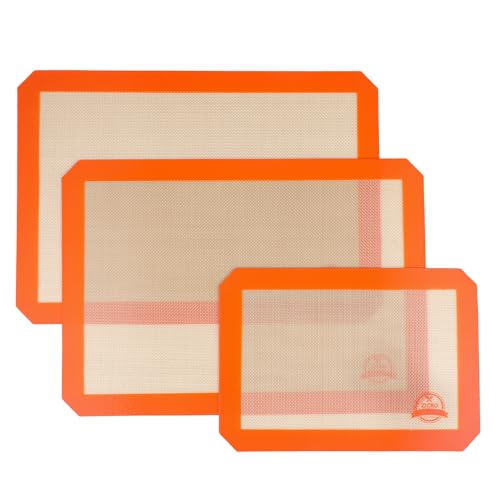 Backmatte aus Silikon 3er Set,Wiederverwendbare Backfolie Silikonmatte,Antihaftbeschichtung Hitzebeständige Backunterlage,Backmatten for Brot,Macarons,Kuchen(Orange) Silicone Baking Mat von ZICRO