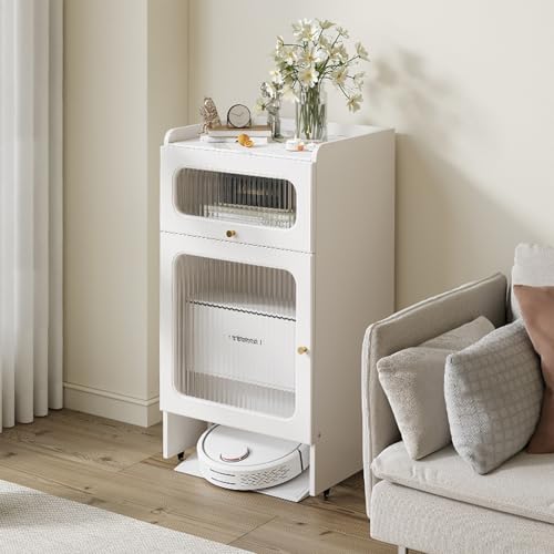 Saugroboter Ständer Staubsauger Roboter Halter, Aufbewahrungsschrank für Saugroboter mit Türen, Nachttisch mit Aufbewahrun, für Wohnzimmer, Schlafzimmer(White) von ZIGTUEI