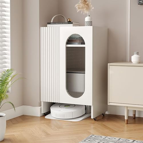 ZIGTUEI Saugroboter Ständer Staubsauger Roboter Halter, Roboter-staubsauger-ständerschrank, Roboter-Nachttisch mit Acryltüren, für Wohnzimmer, Schlafzimmer, Badezimmer, Balkon(White) von ZIGTUEI