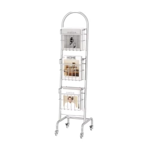 Bodenstehender Zeitschriftenständer Zeitungshalter mit 3 Ebenen for das Wohnzimmer, mit Rädern, tragbarer Zeitschriftenständer, drehbares Bücherregal, Hängekorb aus Metalldraht Zeitungsständer von ZIGUIhsou-11