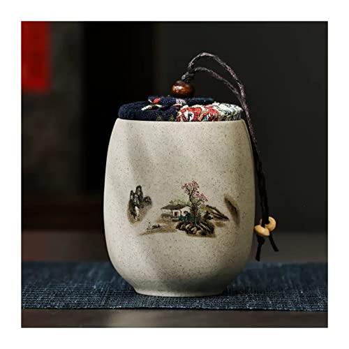 Teedose Kleine Teedose aus grober Keramik im chinesischen Stil mit urigem Stoffdeckel, Keramikbehälter zur Aufbewahrung von losem Tee, multifunktionale versiegelte Dose, Teeglas, Vorratsbehälter for L von ZIGUIhsou-11