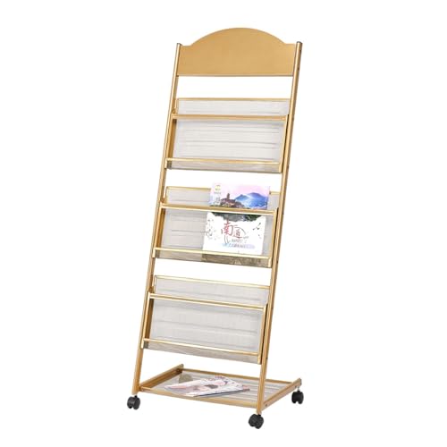 ZIGUIhsou-11 Bodenstehender Zeitschriftenständer Bodenstehender Zeitschriftenständer 3-lagig mit Rollen, Prospektständer, hochhartes Metall for Ausstellungen, Büro Zeitungsständer(Gold) von ZIGUIhsou-11