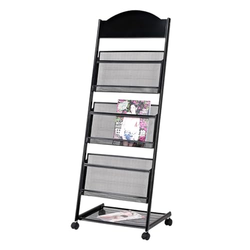 ZIGUIhsou-11 Bodenstehender Zeitschriftenständer Bodenstehender Zeitschriftenständer 3-lagig mit Rollen, Prospektständer, hochhartes Metall for Ausstellungen, Büro Zeitungsständer(Schwarz) von ZIGUIhsou-11