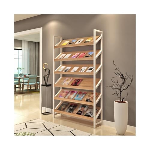 ZIGUIhsou-11 Bodenstehender Zeitschriftenständer Modernes Design Zeitschriftenständer Holz Lagerregal Schräg Display Bücherregale Boden-zu-Decke Werbung Zeitungsständer(White+Light Walnut) von ZIGUIhsou-11