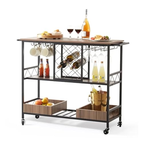 ZIGUIhsou-11 Kücheninselwagen 3-stufiger Bar-Servierwagen, Rollwagen mit Weingitter-Glashalter, Küchenmöbel Rollender Küchenwagen von ZIGUIhsou-11
