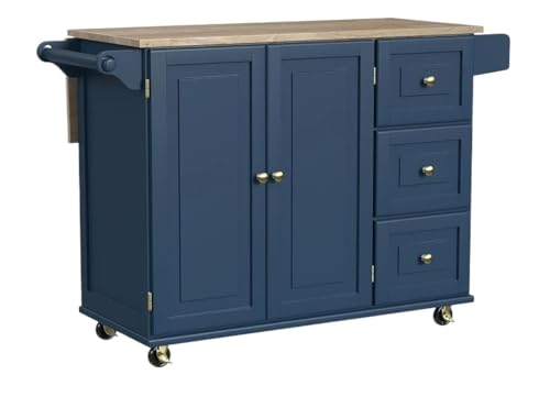 ZIGUIhsou-11 Kücheninselwagen Küchenwagen mit Holzplatte und ausklappbarer Frühstücksbar, Kücheninsel, Casual Home Rollender Küchenwagen(Blue) von ZIGUIhsou-11