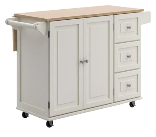 ZIGUIhsou-11 Kücheninselwagen Küchenwagen mit Holzplatte und ausklappbarer Frühstücksbar, Kücheninsel, Casual Home Rollender Küchenwagen(Weiß) von ZIGUIhsou-11