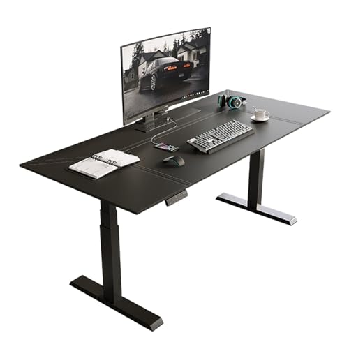 ZIGUIhsou-11 Schreibtisch Elektrischer Stehschreibtisch mit Leder-Schreibtischplatte, höhenverstellbarer Sitz-Steh-Schreibtisch 3 Speichereinstellungen, Ladesteckdosen, Schwarz(L) von ZIGUIhsou-11