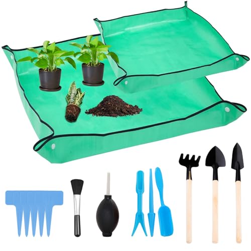 ZIGefofo Pflanzen Umtopfmatte Set | 2 Stück wasserdichte Gartenmatte Pflanzmatte mit 13 Stück Gartengeräte Praktisch Gartenwerkzeug für Gartenbaubepflanzung Umpflanzen Beschneiden Umtopfen-Grün von ZIGefofo