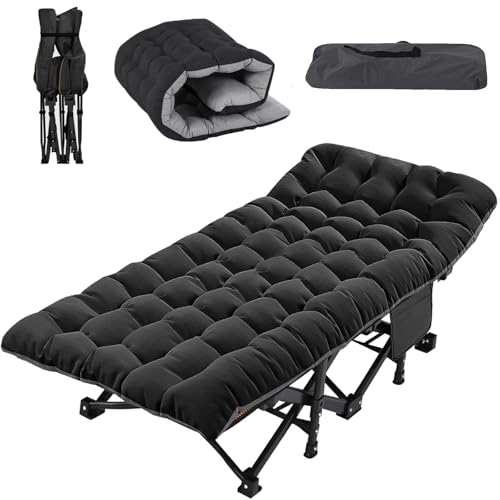 Klappbett mit Matratze 198×81×45 cm Tragfähigkeit 200 Kg Gästebett Klappbar Feldbett Camping Bett 1200D Oxford-Gewebe mit Matratze, Seitentasche für Indoor Home Outdoor Garten Camping (Schwarz XL) von ZIKEBTUY