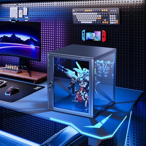 Vitrine mit Schloss 40x40x45cm Glasvitrine Vitrinenschränke Mit 9 Farben Beleuchtung Stapelbarer Sammlervitrine für Wohnzimmer, Büro, Schlafzimmer (1 Stück) von ZIKEBTUY