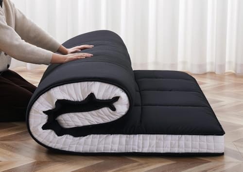 ZIKEBTUY 203*100*10CM Japanischer Futon Matratze - 10CM Dick Klappbar Boden Schlafmatratze für Gäste, Aufrollen Tragbar Matratze für Gästebett, Tatami/Schlafsäle Bett, Camping oder Wohnmobil - Schwarz von ZIKEBTUY
