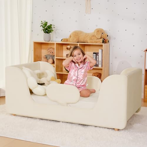 ZIKEBTUY Kinderbett 70x140cm - Komplett gepolstertes Samt Mit Verstellbarer Schutzvorrichtung Bodenbett für Jungen und Mädchen - Beige von ZIKEBTUY