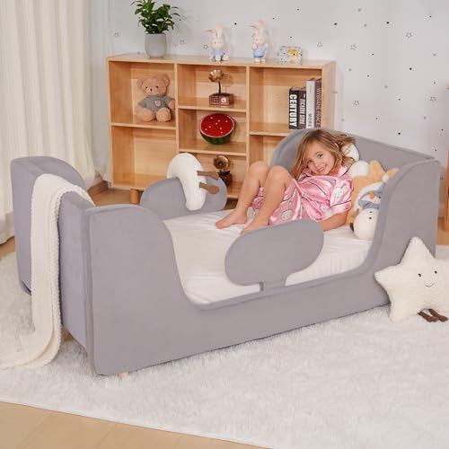ZIKEBTUY Kinderbett 70x140cm - Komplett gepolstertes Samt Mit Verstellbarer Schutzvorrichtung Bodenbett für Jungen und Mädchen - Grau von ZIKEBTUY