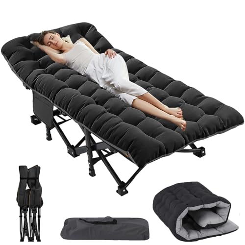 ZIKEBTUY Sonnenliege Klappbett 198x81cm Campingbett Gästebett klappbar liegestuhl 200KG Lastlager Gartenliege Mit Matratze Seitentasche und Kopfstütze Feldbett für In-Outdoor Garten Camping (Schwarz) von ZIKEBTUY
