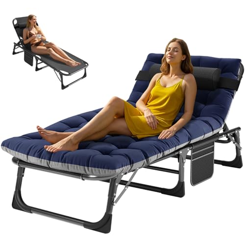 ZIKEBTUY Sonnenliege Klappbett Campingbett Gästebett klappbar liegestuhl 200KG Lastlager Gartenliege Mit Matratze Seitentasche und Kopfstütze Feldbett für Outdoor Indoor Garten Camping (Blau-BK) von ZIKEBTUY