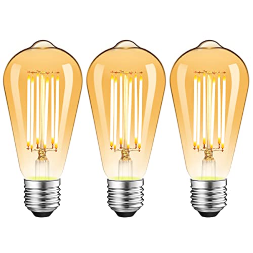 ZIKEY Edison Vintage Glühbirne, 10W E27 ST64 LED Birnen, Ersetzt 100W, Warmweiß 2700K, 1000LM, Nicht Dimmbar, Amber Glas, 3er Pack von ZIKEY