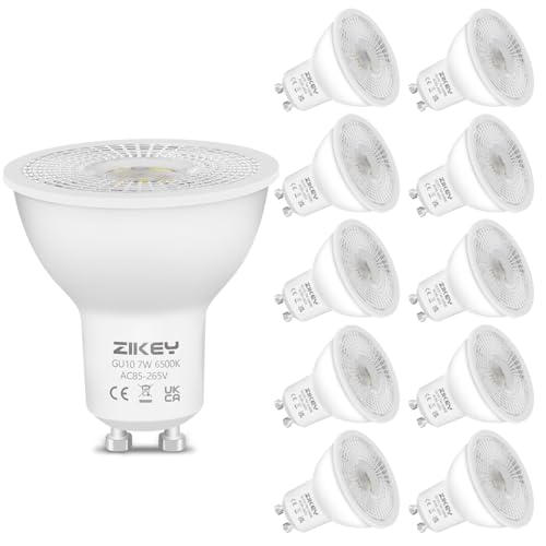 ZIKEY GU10 LED Lampen Kaltweiß, 7W LED Leuchtmittel, 650LM, ersetzt 60W Halogenlampen, 6500K GU10 LED Spot Birnen, Nicht Dimmbar, 38° Abstrahlwinkel, 10er Pack von ZIKEY