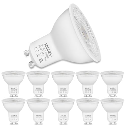 ZIKEY GU10 LED Neutralweiß, 5W LED Dimmbar Leuchtmittel, 450 Lumen 4000K Birnen, ersetzt 50W Halogenlampen, GU10 Energiesparlampe, 220-240V AC, 38° Abstrahlwinkel Spot, 10er Pack von ZIKEY