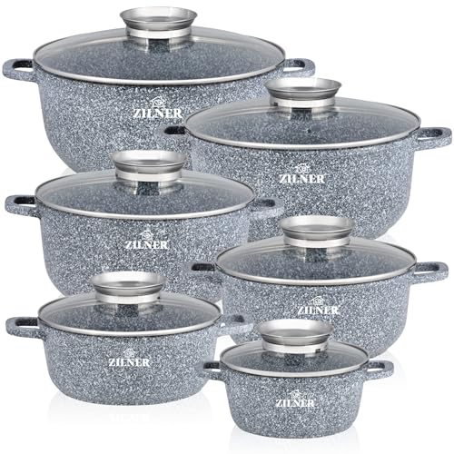 Kochtopf Set Induktion 6-Teilig - Topfset mit Glasdeckel - Töpfe für alle herdarten - 6x Kochtöpfe Ø16, 20,20, 22, 24, 28 cm - Antihaftbeschichtung aus Granit - ZILNER® ZL-7086 von ZILNER