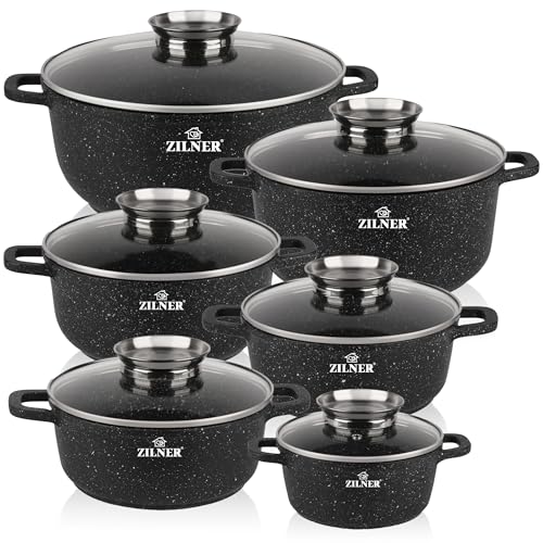 Kochtopf Set Induktion - Topfset mit Glasdeckel - Töpfe für alle herdarten - Antihaftbeschichtung- ZILNER® (6, Shwarz) von ZILNER
