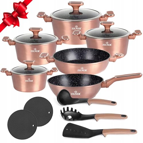 ZILNER-15-teiliges Kochgeschirr-Set mit marmorierter Keramikbeschichtung – Aluminiumguss – für alle Herdarten geeignet – mit Glasdeckeln, Pfannen, Untersetzern und Küchenhelfern (Gold) von ZILNER