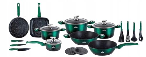 Zilner 21-teiliges Kochgeschirr-Set mit Marmor-Beschichtung – Induktionsgeeignet – Töpfe, Pfannen, Glasdeckel, Küchenhelfer & Messer – Antihaft – Spülmaschinenfest (Smaragdgrün) von ZILNER