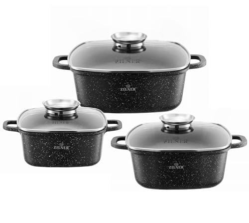 Zilner 6 Tlg. Granit Topfset 3 x quadratische Töpfe Antihaftbeschichtung 2,5/4,5/6.5L | induktions Töpfe Set, Kochtöpfe, Töpfe Induktion | Kochgeschirr Set, Topfset induktionsgeeignet ZL-007019 von ZILNER