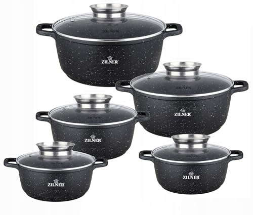 Zilner Topfset PREMIUM BLACK Aluminium 10-teilig, 5 Töpfe 16/20 / 22/24 / 26 CM, Topfset Induktion, Töpfe beschichtet, Kochtopf Set| Kochgeschirr Set, Topfset induktionsgeeignet ZL8522 von ZILNER