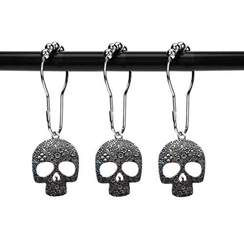 ZILucky Set von 12 Sugar Skull Duschvorhanghaken Deko Home Badezimmer Edelstahl Rostfrei Skelette Duschvorhangringe Dekor Zubehör (Silber) von ZILucky