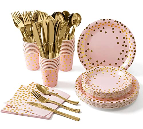 141 Stück Rosagold Partygeschirr Pappbecher Pappteller Set, Wiederverwendbar Papier Geschirr Set einschließlich Tischdecke Teller Becher Servietten zum Geburtstag, Hochzeiten, Jubiläums -20 Gäste von ZIMAIC