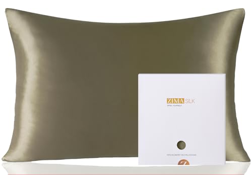 ZIMASILK Seidenkissenbezug aus 100% Seide für Haare und Haut. Doppelseitige Reine Maulbeerseide Kissenhülle, hochwertige Seide, mit verstecktem Reißverschluss, 1 Stück (50 x 75 cm, Olivgrün) von ZIMASILK