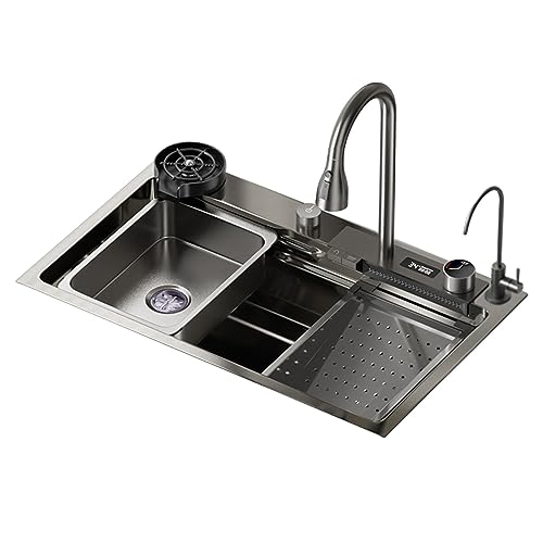 Küchenspüle, Wasserfallauslauf 304 Edelstahl Nano Einzelspüle, LED-Digitalanzeige Temperaturkontrolle, Küche Multifunktionsspüle Geschirrspüler Spüle (S : 80 * 45 * 22cm) von ZINALIUM