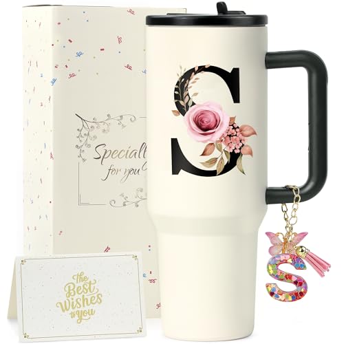 ZIOISNM A-Z Buchstaben Thermobecher mit Strohhalm, Doppelwandiger Edelstahl Trinkbecher mit Deckel und Strohhalm, Perfekte Geschenke für Frauen zu Geburtstag, Weihnachten, Valentinsta (S) von ZIOSINM