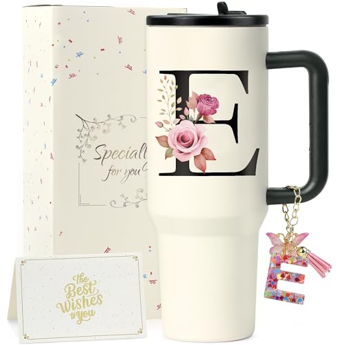 ZIOISNM A-Z Buchstaben Thermobecher mit Strohhalm, Doppelwandiger Edelstahl Trinkbecher mit Deckel und Strohhalm, Perfekte Geschenke für Frauen zu Geburtstag, Weihnachten, Valentinstag (E) von ZIOSINM