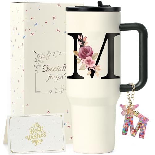 ZIOISNM A-Z Buchstaben Thermobecher mit Strohhalm, Doppelwandiger Edelstahl Trinkbecher mit Deckel und Strohhalm, Perfekte Geschenke für Frauen zu Geburtstag, Weihnachten, Valentinstag (M) von ZIOSINM