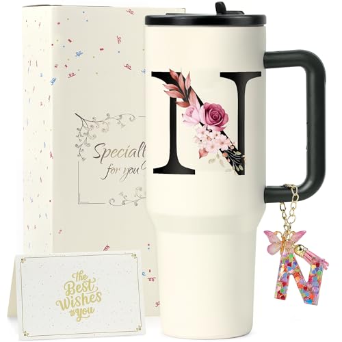 ZIOISNM A-Z Buchstaben Thermobecher mit Strohhalm, Doppelwandiger Edelstahl Trinkbecher mit Deckel und Strohhalm, Perfekte Geschenke für Frauen zu Geburtstag, Weihnachten, Valentinstag (N) von ZIOSINM