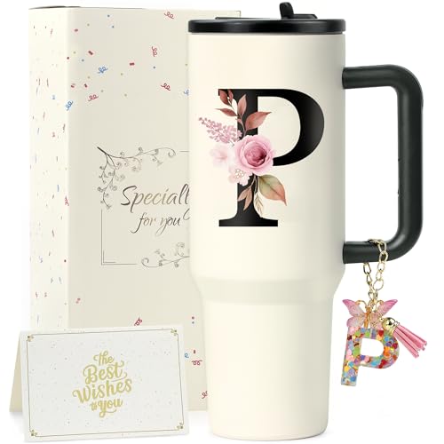 ZIOISNM A-Z Buchstaben Thermobecher mit Strohhalm, Doppelwandiger Edelstahl Trinkbecher mit Deckel und Strohhalm, Perfekte Geschenke für Frauen zu Geburtstag, Weihnachten, Valentinstag (P) von ZIOSINM