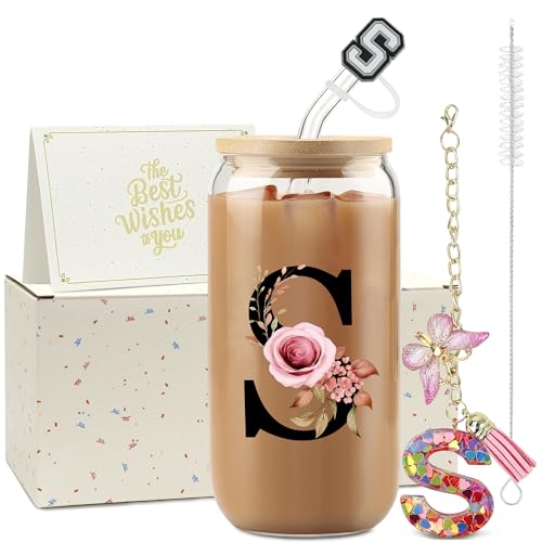 ZIOSINM A-Z Buchstaben Glasbecher mit Deckel und Strohhalm, Personalisierte Geschenke für Frauen zum Geburtstag,Weihnachten,Valentinstag (S) von ZIOSINM