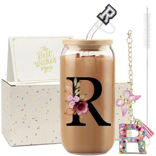 ZIOSINM A-Z Lettre Gobelet avec Paille 500ml Tumbler avec Couvercle Pour Cadeau Femme Idéal Cadeau Maître Fin Année Cadeau (R) von ZIOSINM