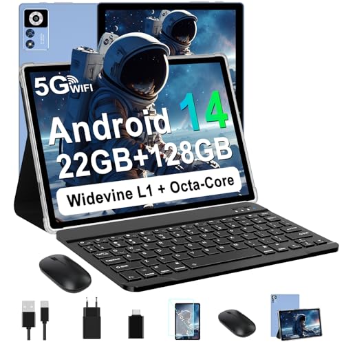 ZIOVO Android 14 Tablet 10 Zoll, 22 GB RAM + 128 GB ROM (TF 1 TB), 5G WiFi Tablets, Unterstützung Widevine L1/Octa-Core/8000 mAh/Metallgehäuse/8+5 MP, 2 in 1 Tablet mit Tastatur und Maus - Blau von ZIOVO
