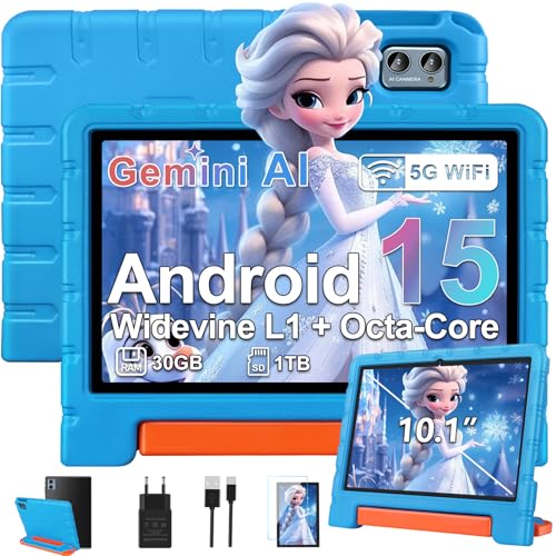 ZIOVO Kinder Tablet 10 Zoll Android 15 mit 30GB RAM+64GB ROM(TF 1TB), 5G WiFi, Gemini AI, Octa-Core, Widevine L1, GPS，Face ID, Kindersicherung, 6000mAh, BT 5.0, Kids Tablet mit Eva Case - Blau von ZIOVO