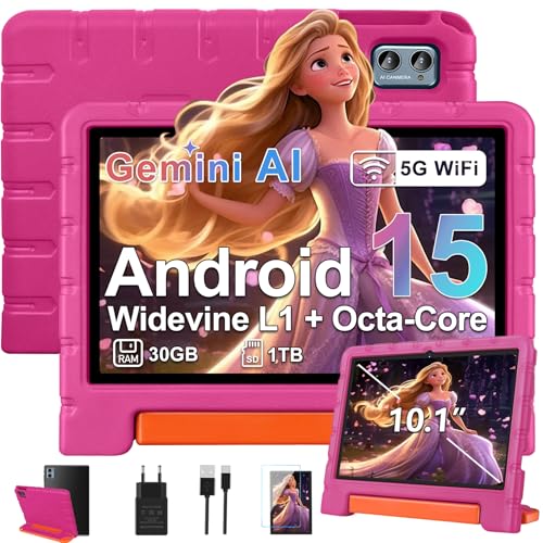 ZIOVO Kinder Tablet 10 Zoll Android 15 mit 30GB RAM+64GB ROM(TF 1TB), 5G WiFi, Gemini AI, Octa-Core, Widevine L1, GPS，Face ID, Kindersicherung, 6000mAh, BT 5.0, Kids Tablet mit Eva Case - Rosa von ZIOVO