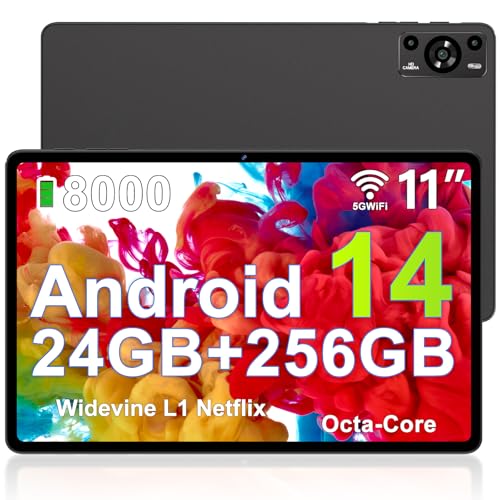ZIOVO Tablet Android 14 Tablet 11 Zoll, 24 GB RAM + 256 GB ROM (TF 1 TB), 5G WFi Tablets, Unterstützung Widevine L1/Octa-Core 2.0 GHz/8000 mAh/Metallgehäuse/13+5MP/BT5.0, Tablets mit Hülle - Schwarz von ZIOVO