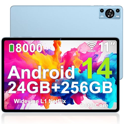 ZIOVO Tablet Android 14 Tablet 11 Zoll, 24 GB RAM + 256 GB ROM (TF 1 TB), 5G WiFi Tablets, Widevine L1/Octa-Core 2.0 GHz/8000 mAh/Metallgehäuse/13+5MP/BT5.0, Tablet mit Hülle – Blau von ZIOVO